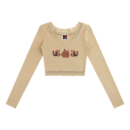 UG Brown Checkerboard Animal Women's Lace Trim Long Sleeve T-Shirt
