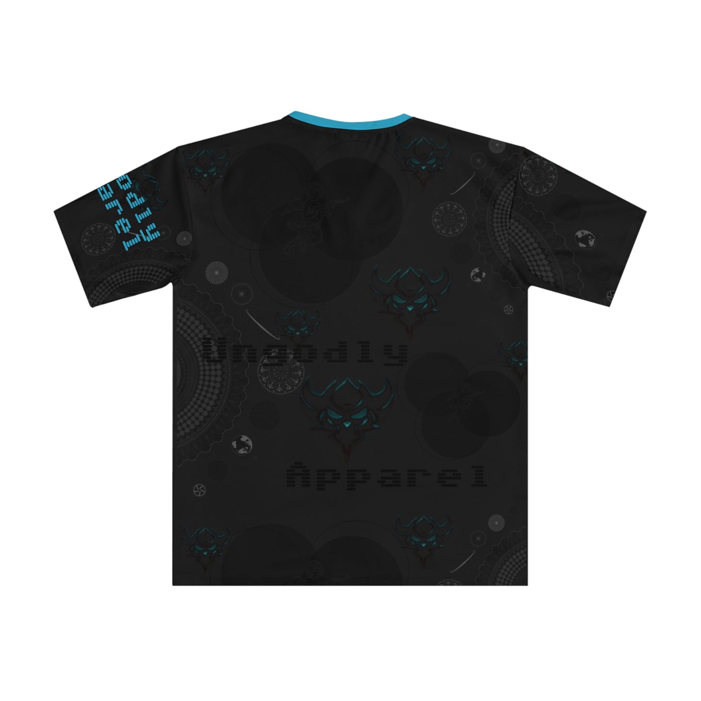 Men's All-Over Print Graphic Tee — Dark Tech Skull Pattern with "Ungodly Apparel" Sleeve