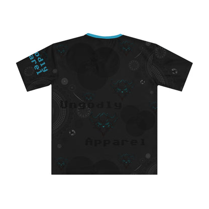 Men's All-Over Print Graphic Tee — Dark Tech Skull Pattern with "Ungodly Apparel" Sleeve