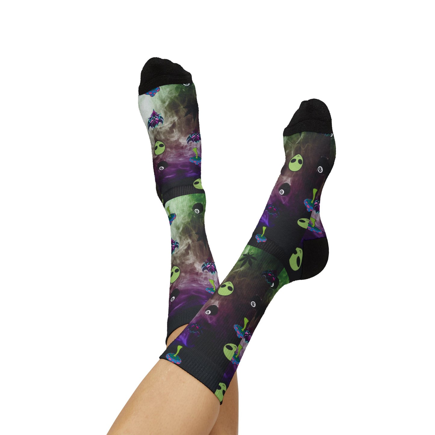 Alien Galaxy Sublimation Socks — Psychedelic UFO & Cannabis Pattern Crew Socks