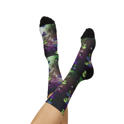 Alien Galaxy Sublimation Socks — Psychedelic UFO & Cannabis Pattern Crew Socks