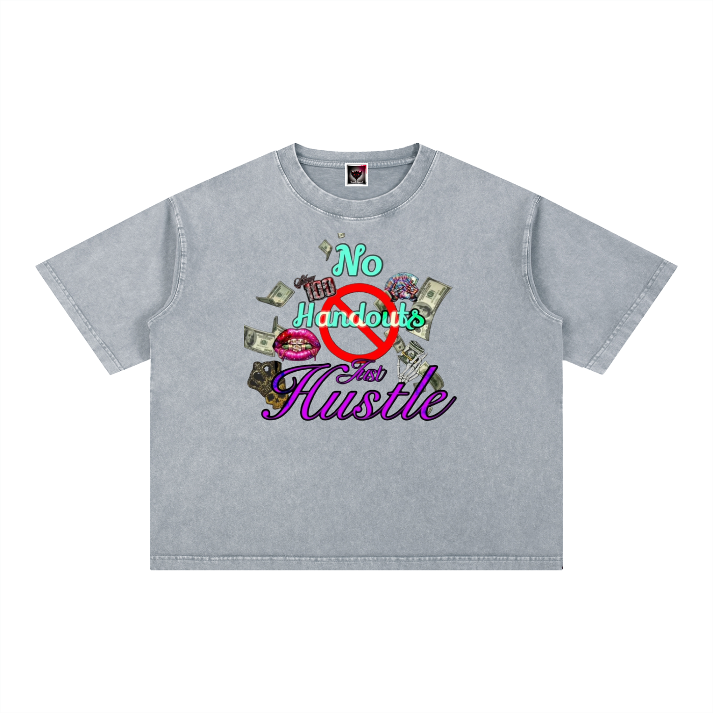 "No Handouts, Just Hustle" Mineral Wash Boxy Cotton T-Shirt