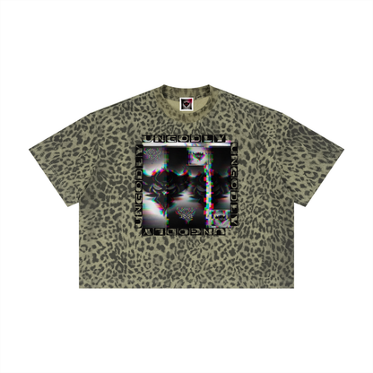 Black Ungodly Design Unisex Leopard Print Boxy T-Shirt