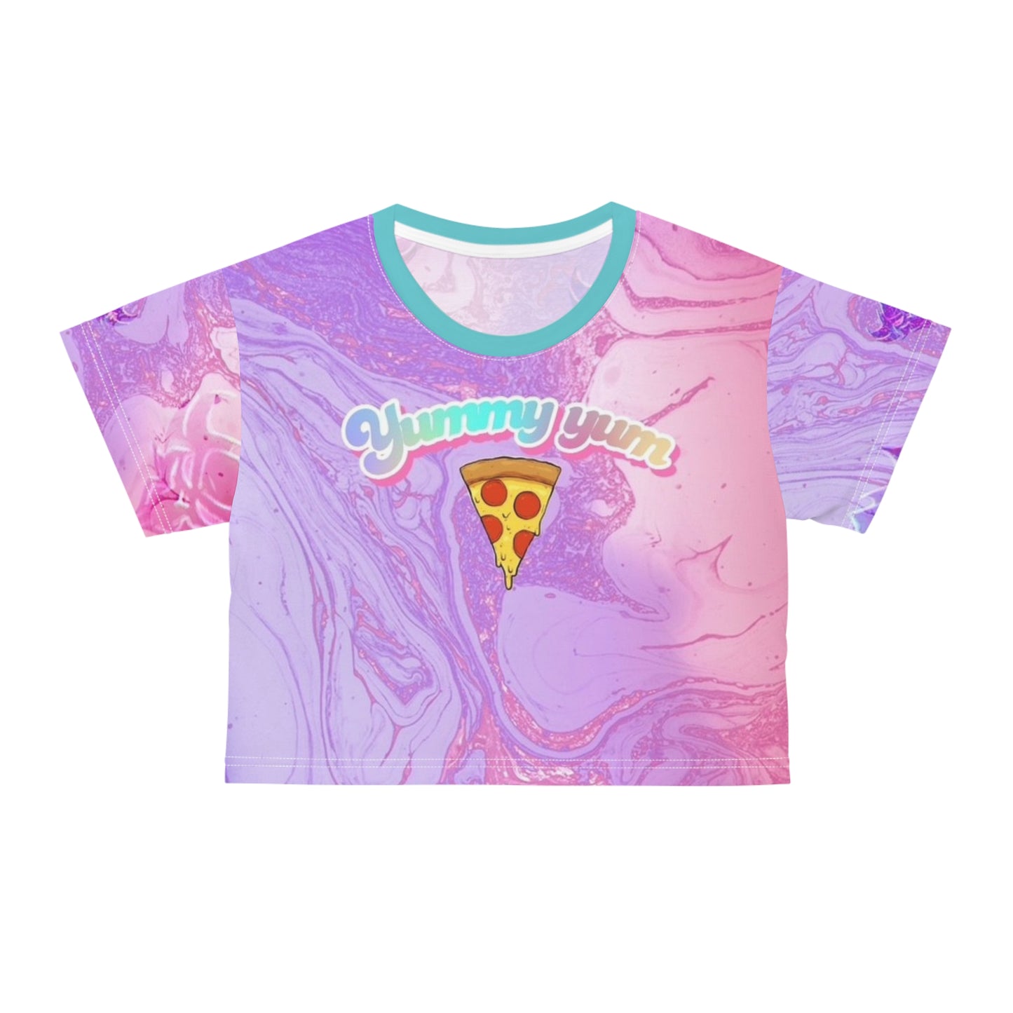 Yummy Yum Pizza Marble Crop Tee — Pastel Pink & Purple