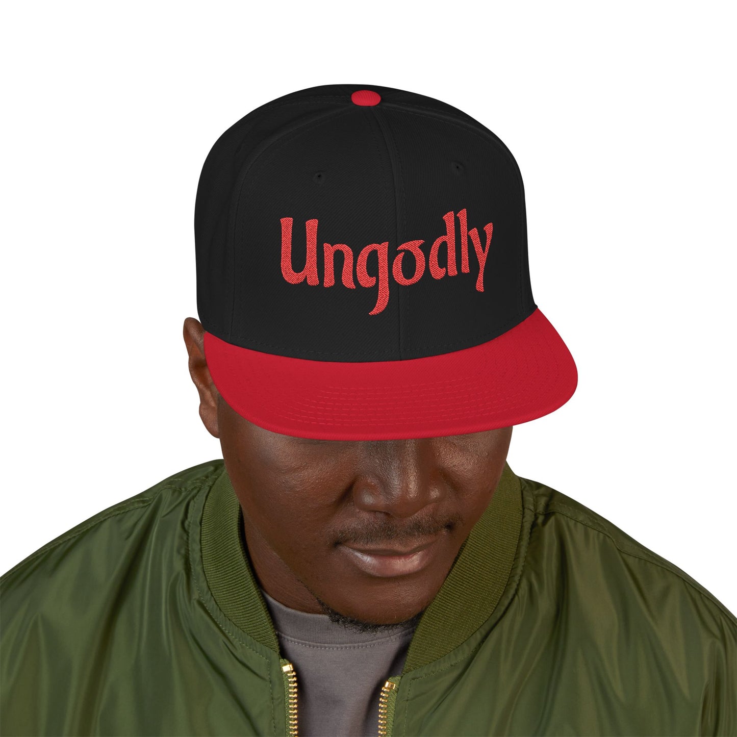 Snapback Hat — Red Embroidered 'Ungodly' Gothic Script