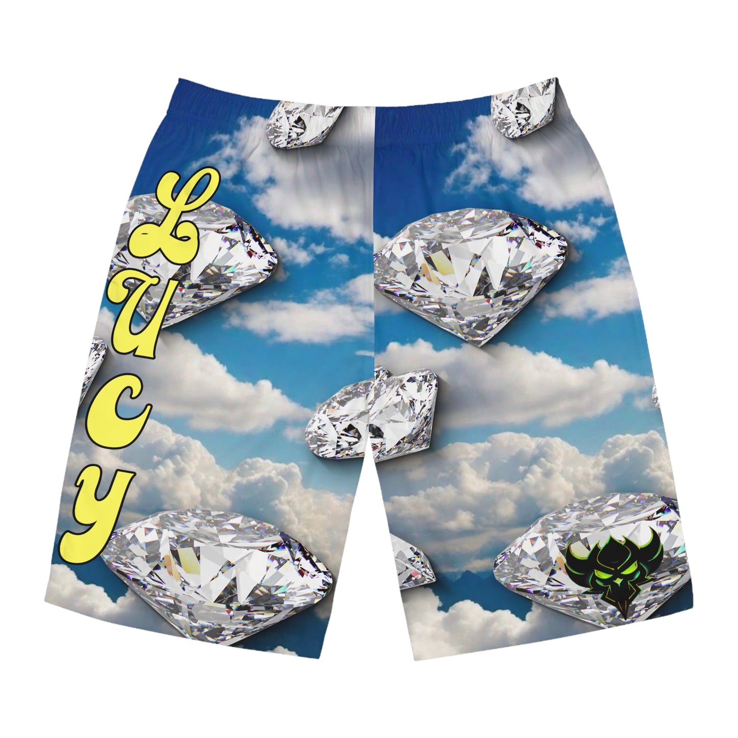 "Lucy in the Sky with Diamonds Board Shorts" Sky Blue Diamond Men's Board Shorts - Personalized Swim Trunks, Beachwear, Custom Summer Shorts, Vacation Essentials, Gift for Him