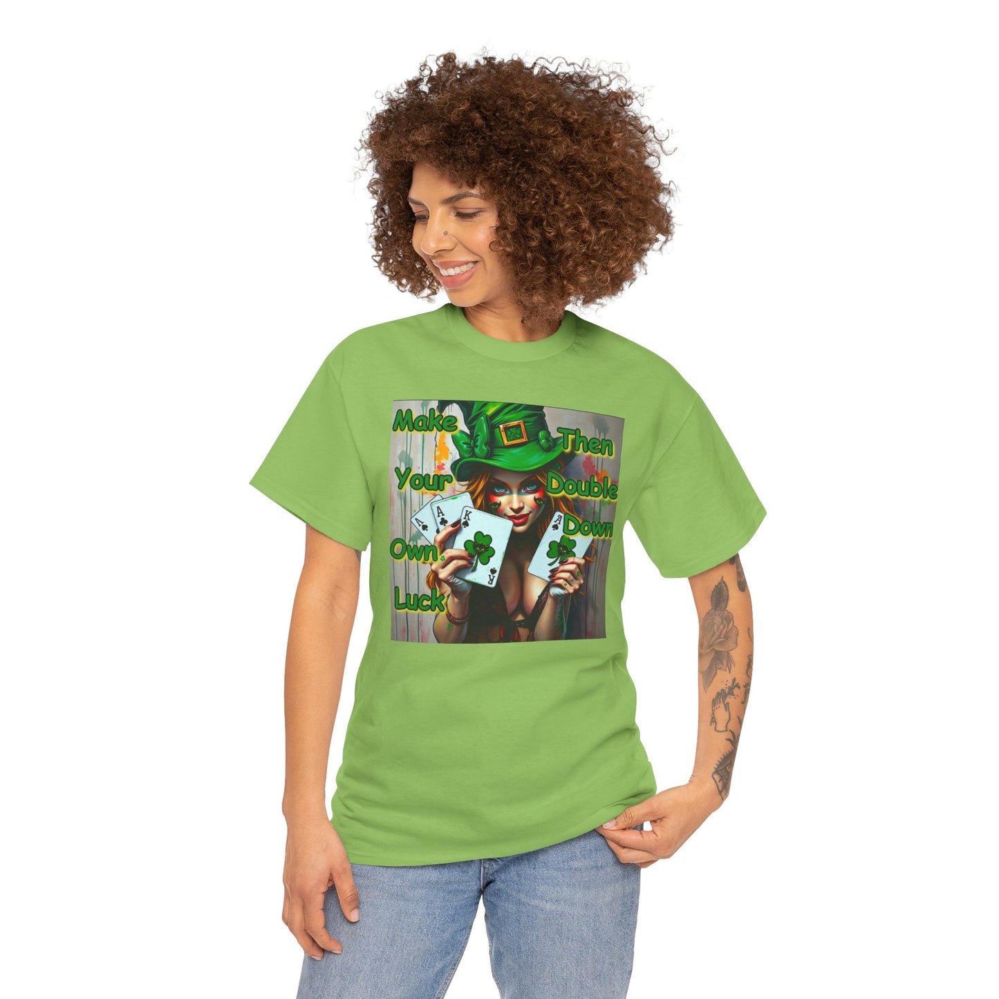 St. Patrick's Day Unisex Heavy Cotton Tee - "Make Your Own Luck Then Double Down" Fun Graphic Tee