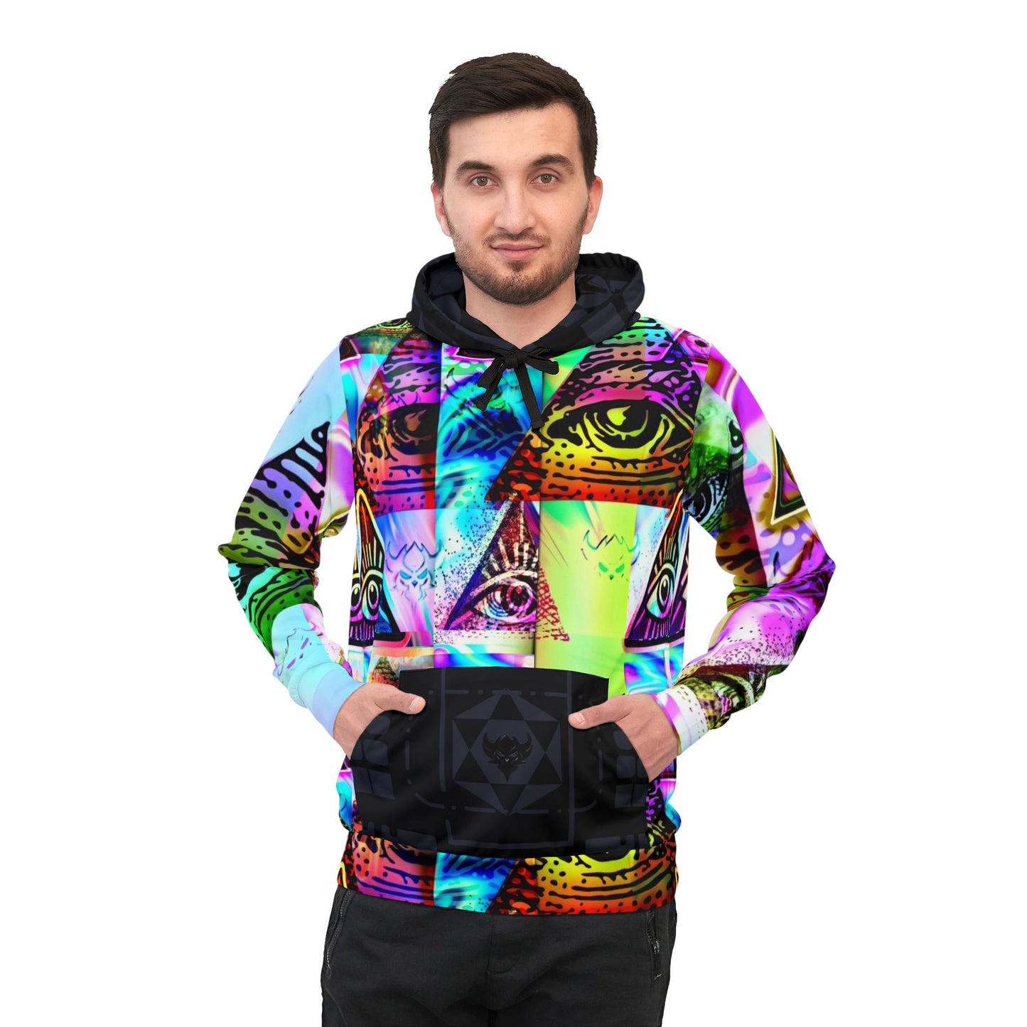 All-Over Print Illuminati Eye Hoodie — Psychedelic Neon Graphic Athletic Hoodie