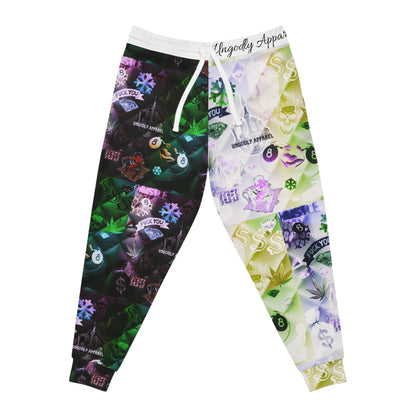 "Ungodly Vices" Graphic All-Over Print Joggers — Neon Patchwork Streetwear