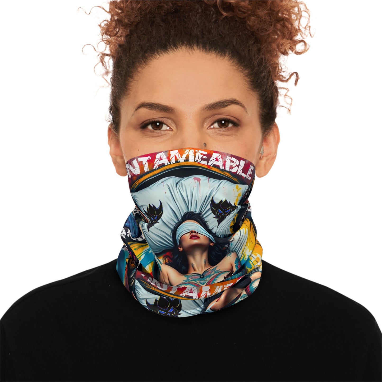 "Untameable/Love is Blind Tattooed Woman Winter Neck Gaiter — 'Love is Blind' Graphic Face Scarf
