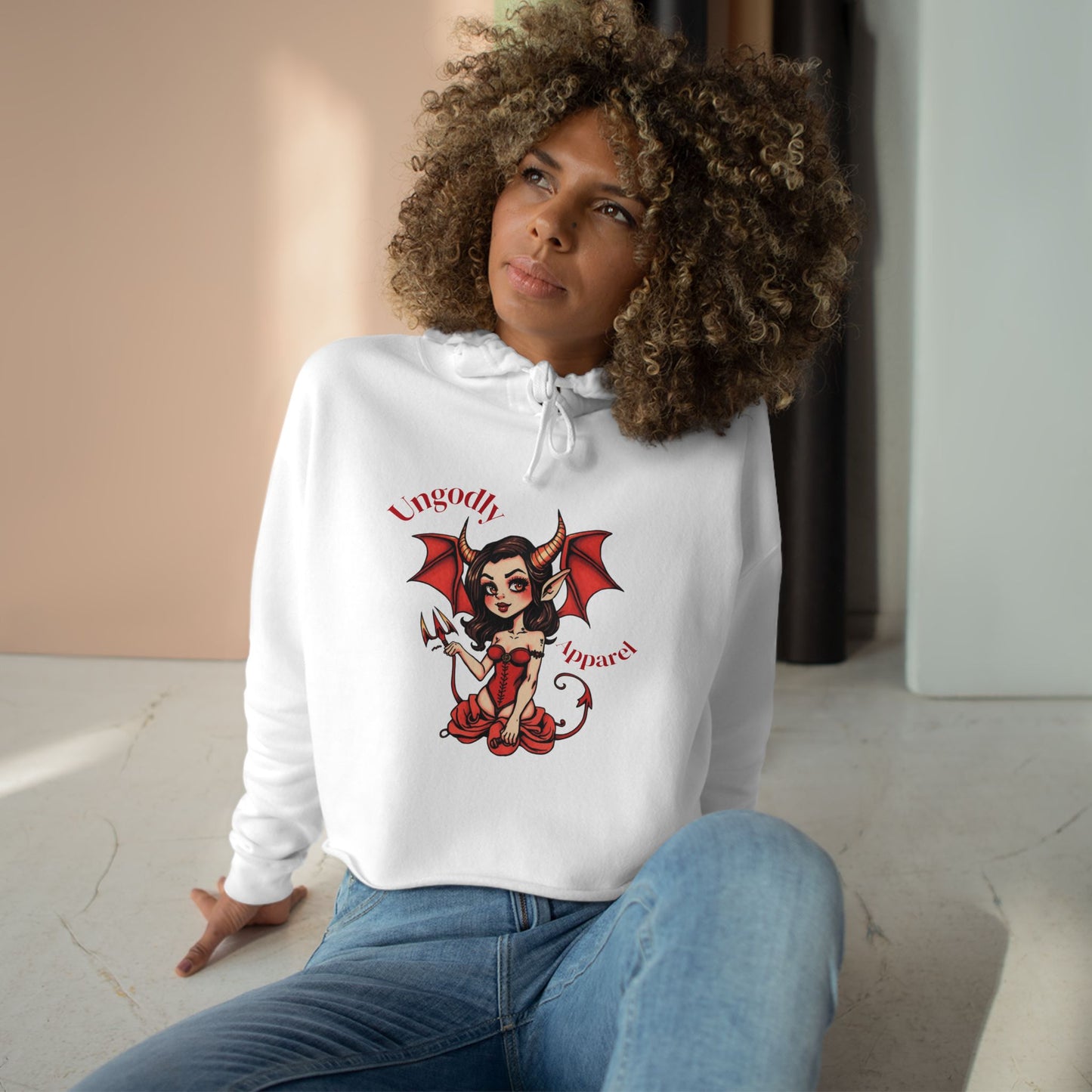 "Ungodly Apparel Slogan" Devilish Charm Crop Hoodie | Trendy Sweatshirt for Halloween, Gift for Her, Casual Wear, Perfect for Parties, Comfortable & Cool
