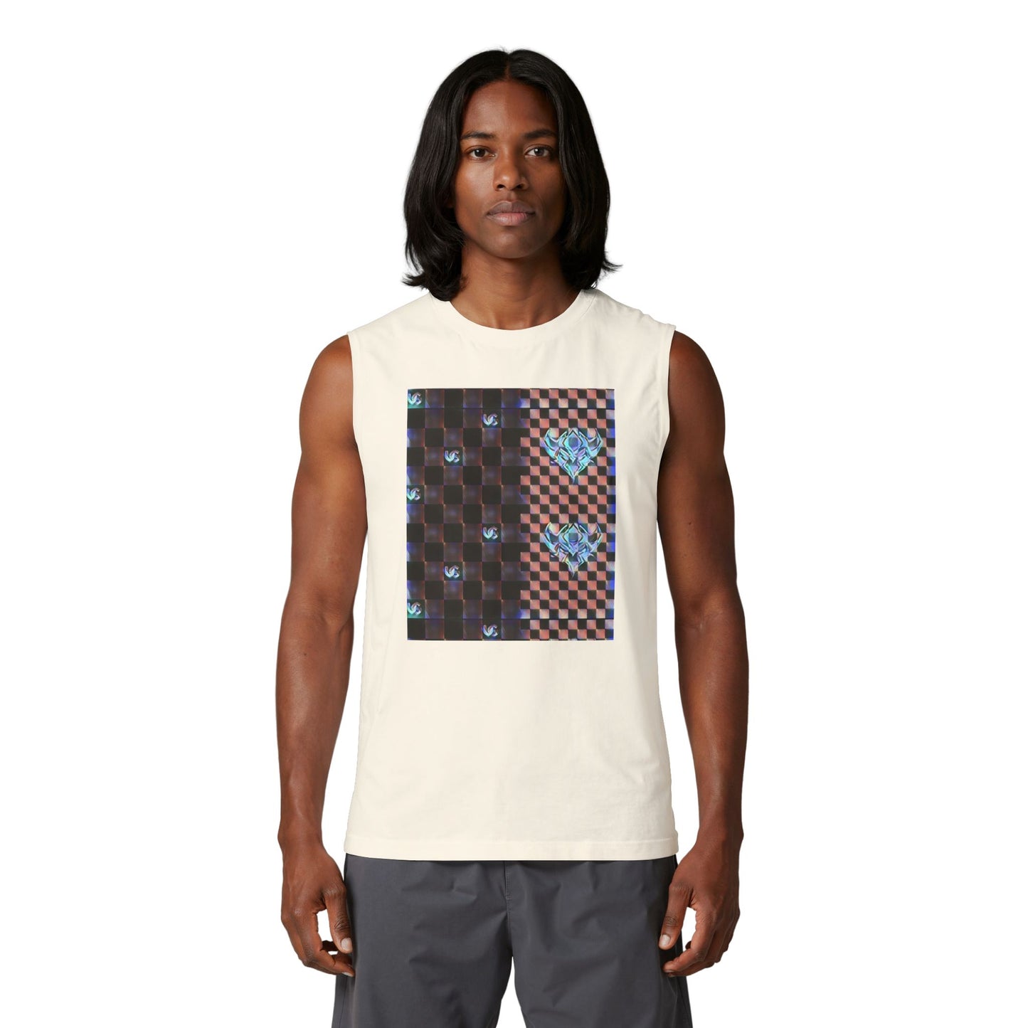 UG Checkerboard Pattern Muscle Tank — Retro Blue Holographic Logo