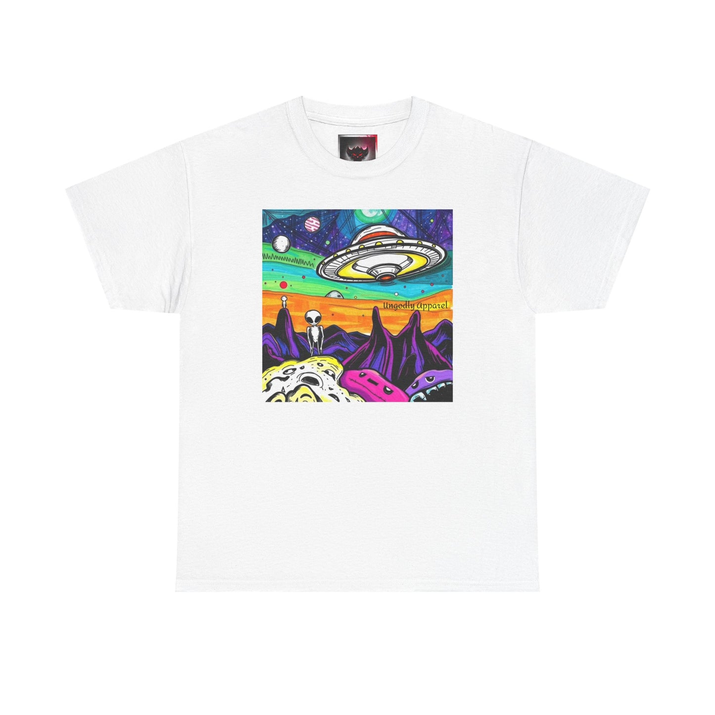UFO Retro Alien Landscape T-Shirt — Colorful Space Art Tee