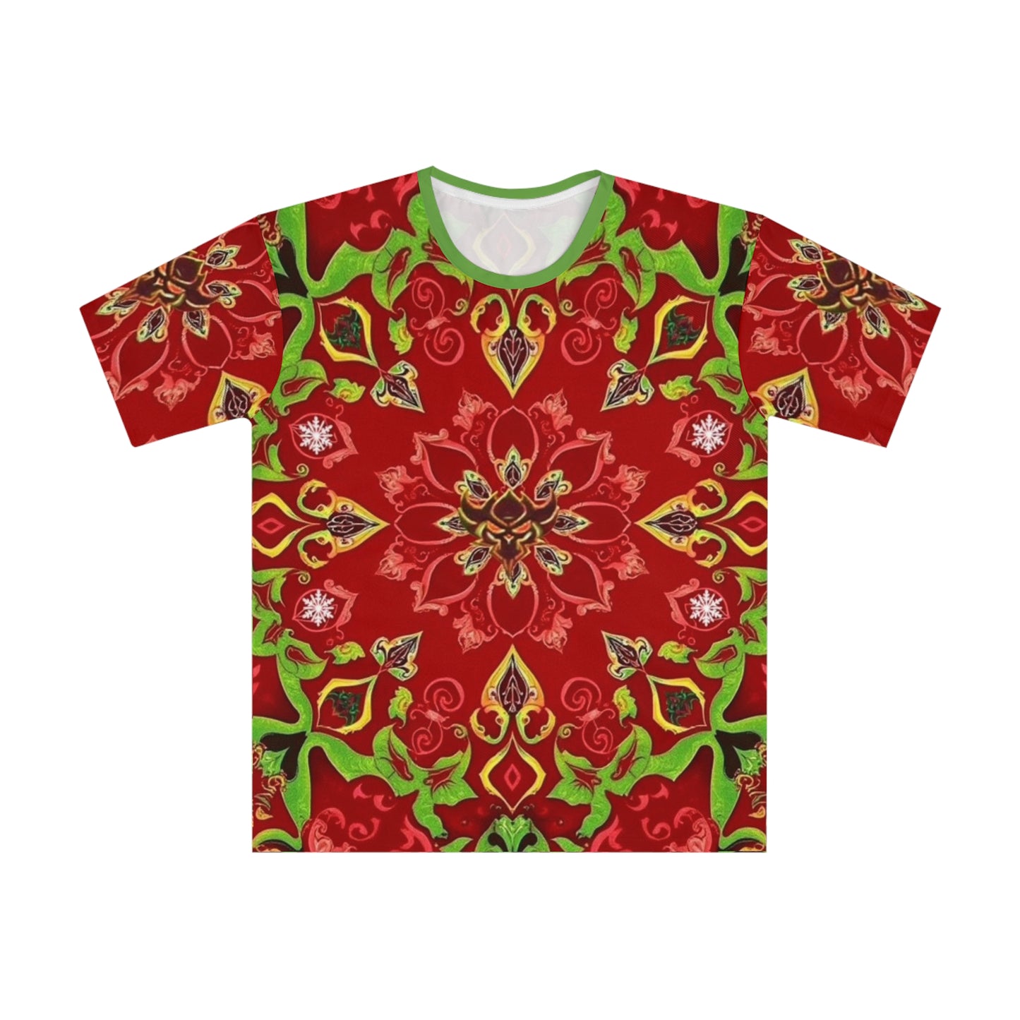 Red Kaleidoscope Christmas T-Shirt — Bold All-Over Printed Men's Tee