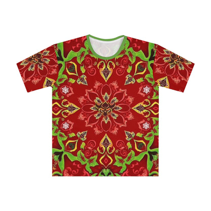 Red Kaleidoscope Christmas T-Shirt — Bold All-Over Printed Men's Tee