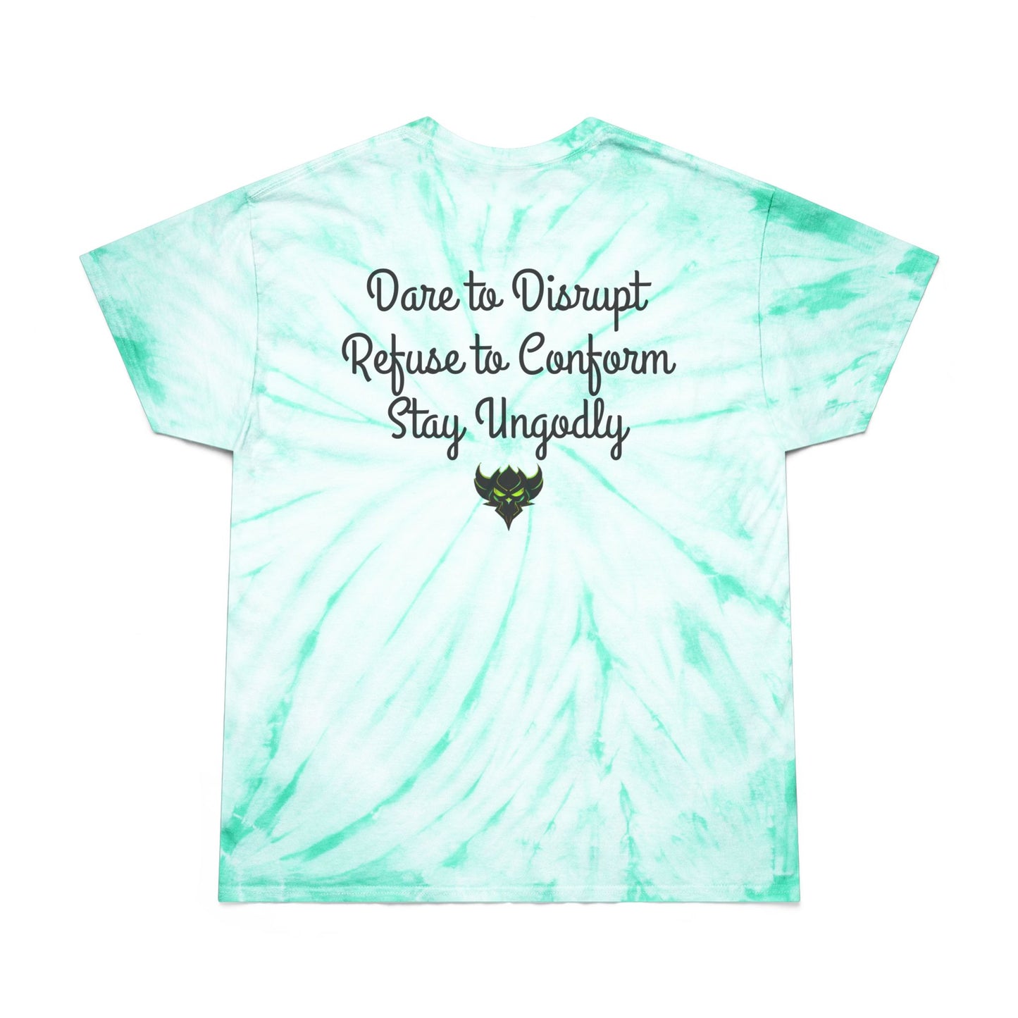 Tie-Dye Tee — Yellow Cyclone Spiral Tee with "Ungodly Apparel" Text