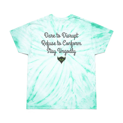 Tie-Dye Tee — Yellow Cyclone Spiral Tee with "Ungodly Apparel" Text