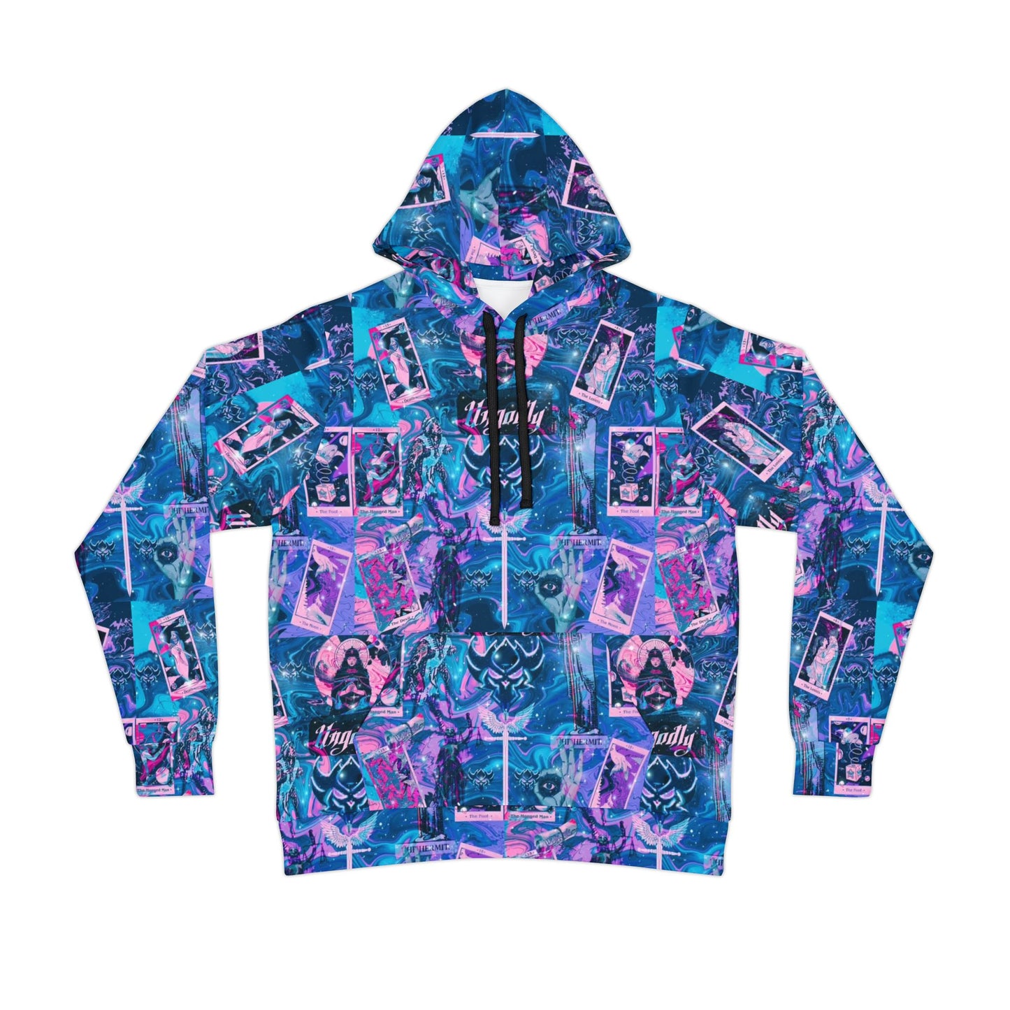 "Ungodly Tarot" All-Over Print Retro Collage Athletic Unisex Hoodie — Neon Purple & Teal Streetwear