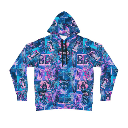 "Ungodly Tarot" All-Over Print Retro Collage Athletic Unisex Hoodie — Neon Purple & Teal Streetwear