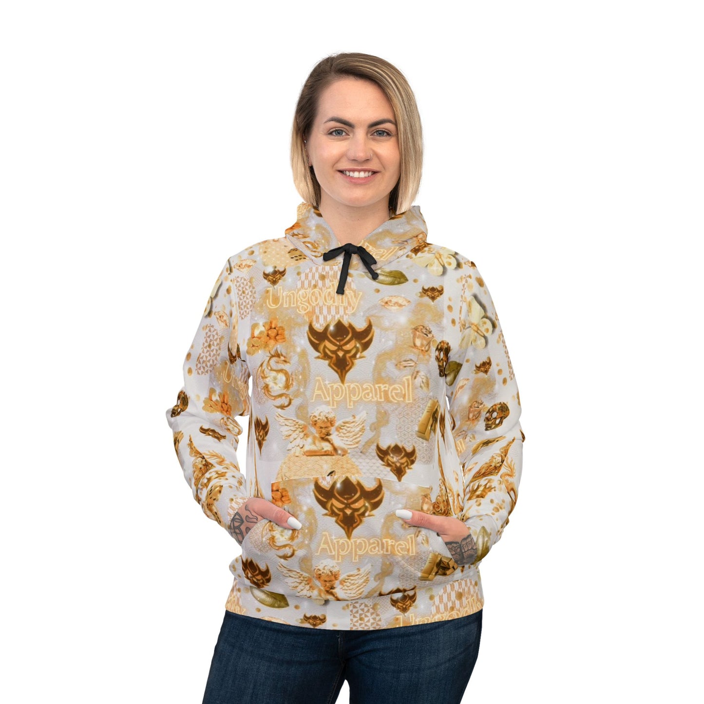 "Ungodly Gold" Gold Skull Pattern Athletic Hoodie – All-Over Print Streetwear