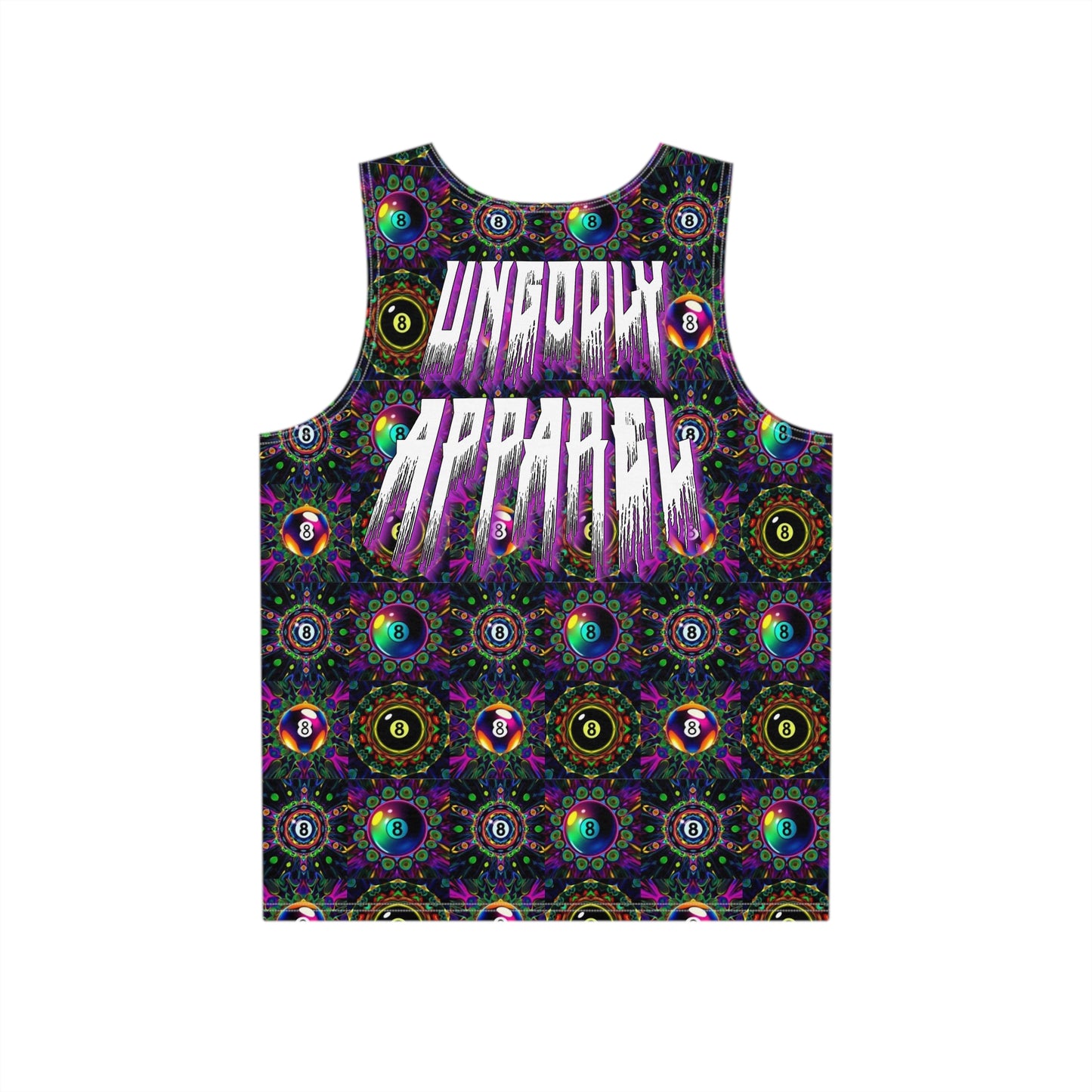 "Ungodly 8 Ball" Vibrant Men's Tank Top, Festival Wear, Summer Essential, Graphic Sleeveless Shirt, Casual Streetwear, AOP Design