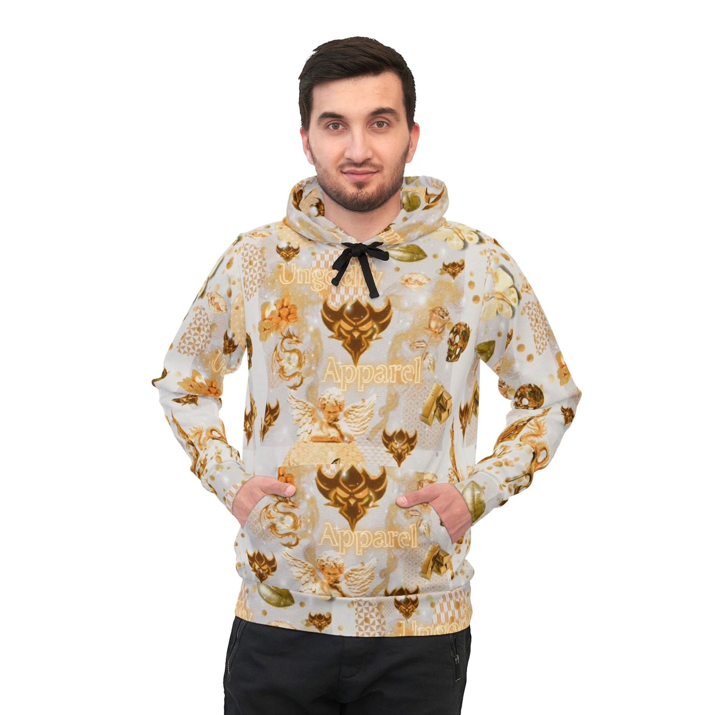 "Ungodly Gold" Gold Skull Pattern Athletic Hoodie – All-Over Print Streetwear