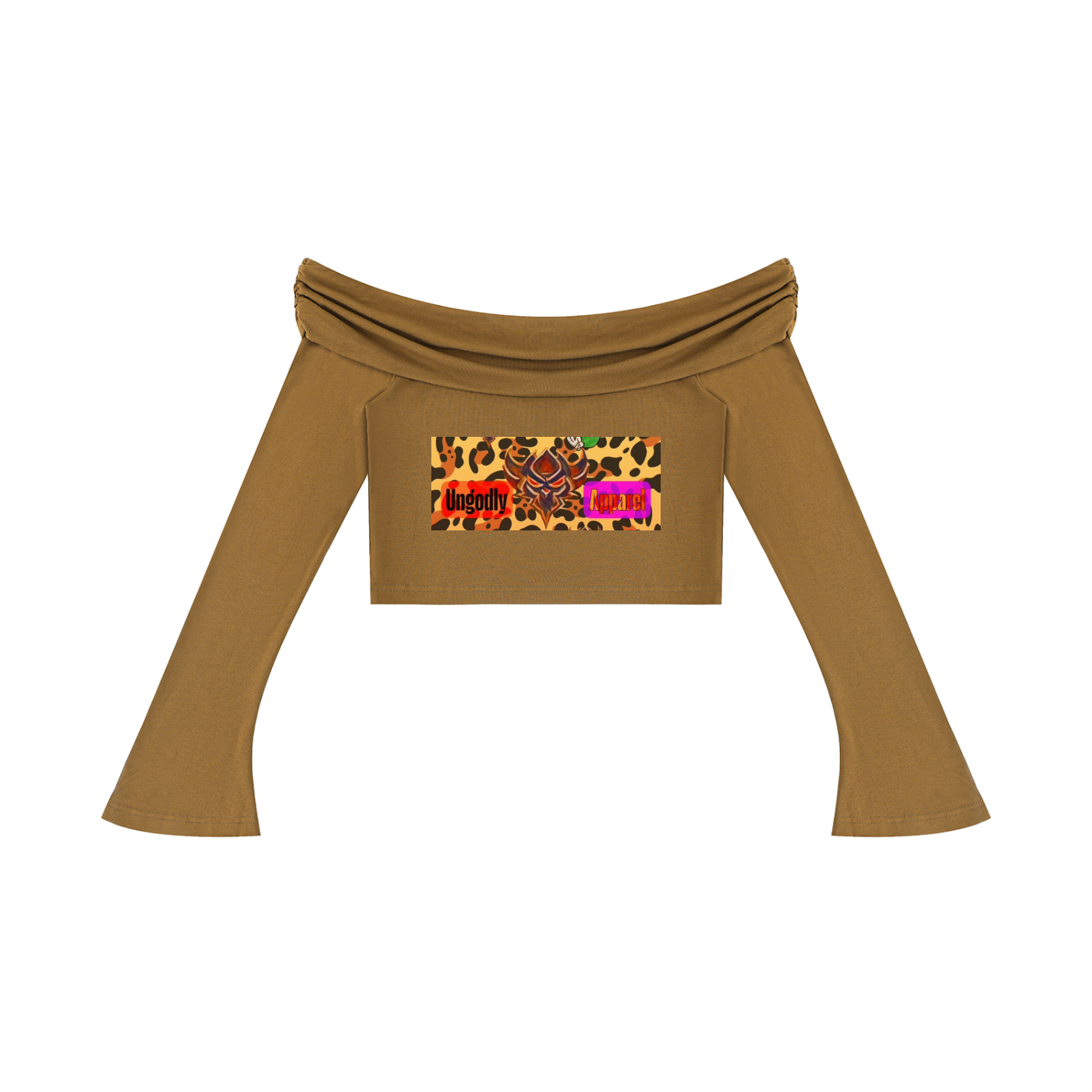 "Ungodly Apparel Leopard" Women's Off-the-Shoulder Bell Sleeve Crop T-Shirt