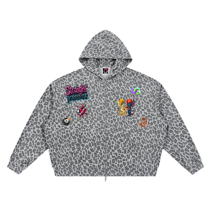Unisex Leopard Print Waffle Full Zip Hoodie