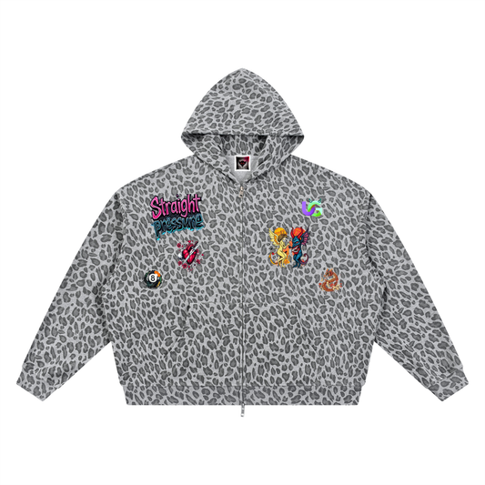 Unisex Leopard Print Waffle Full Zip Hoodie