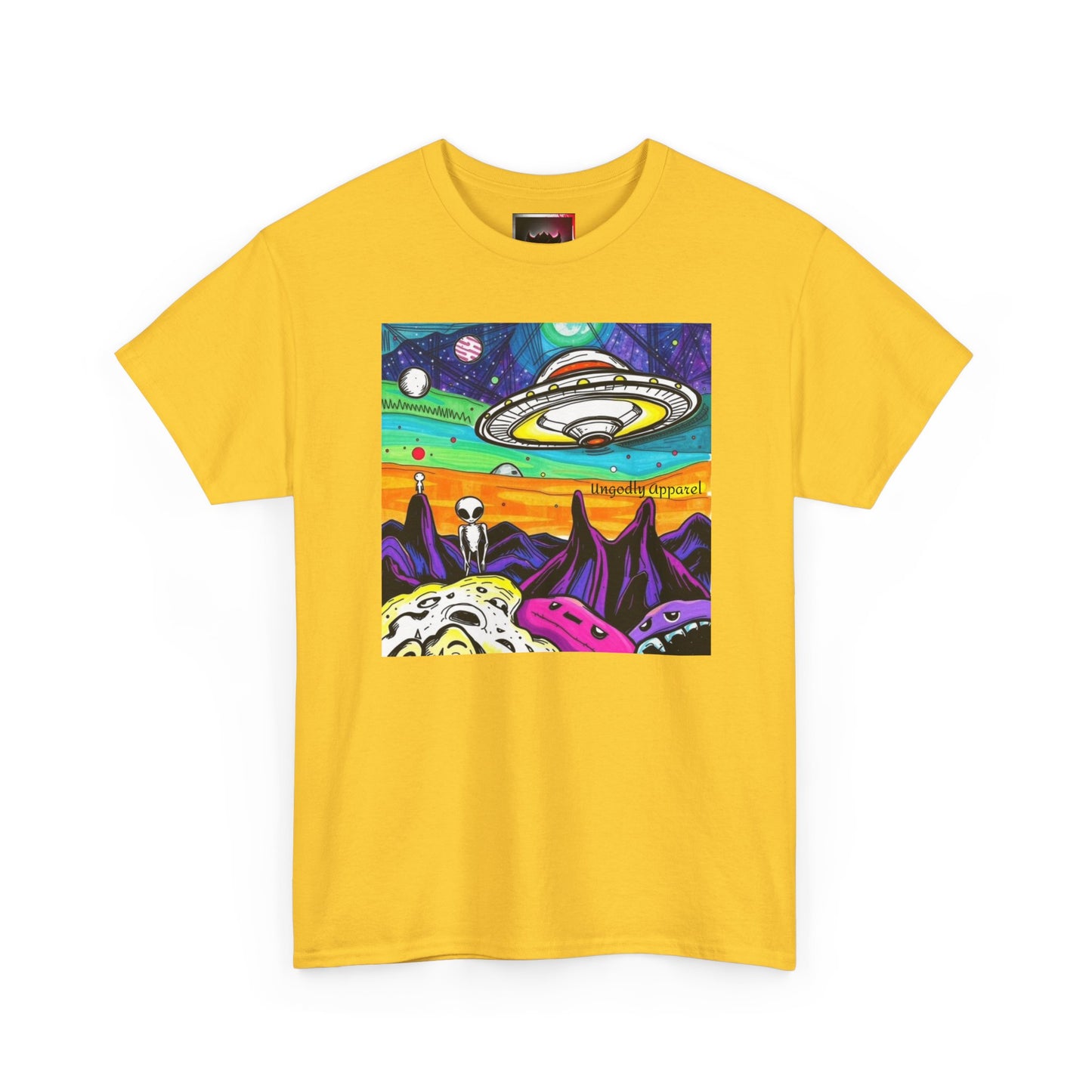UFO Retro Alien Landscape T-Shirt — Colorful Space Art Tee