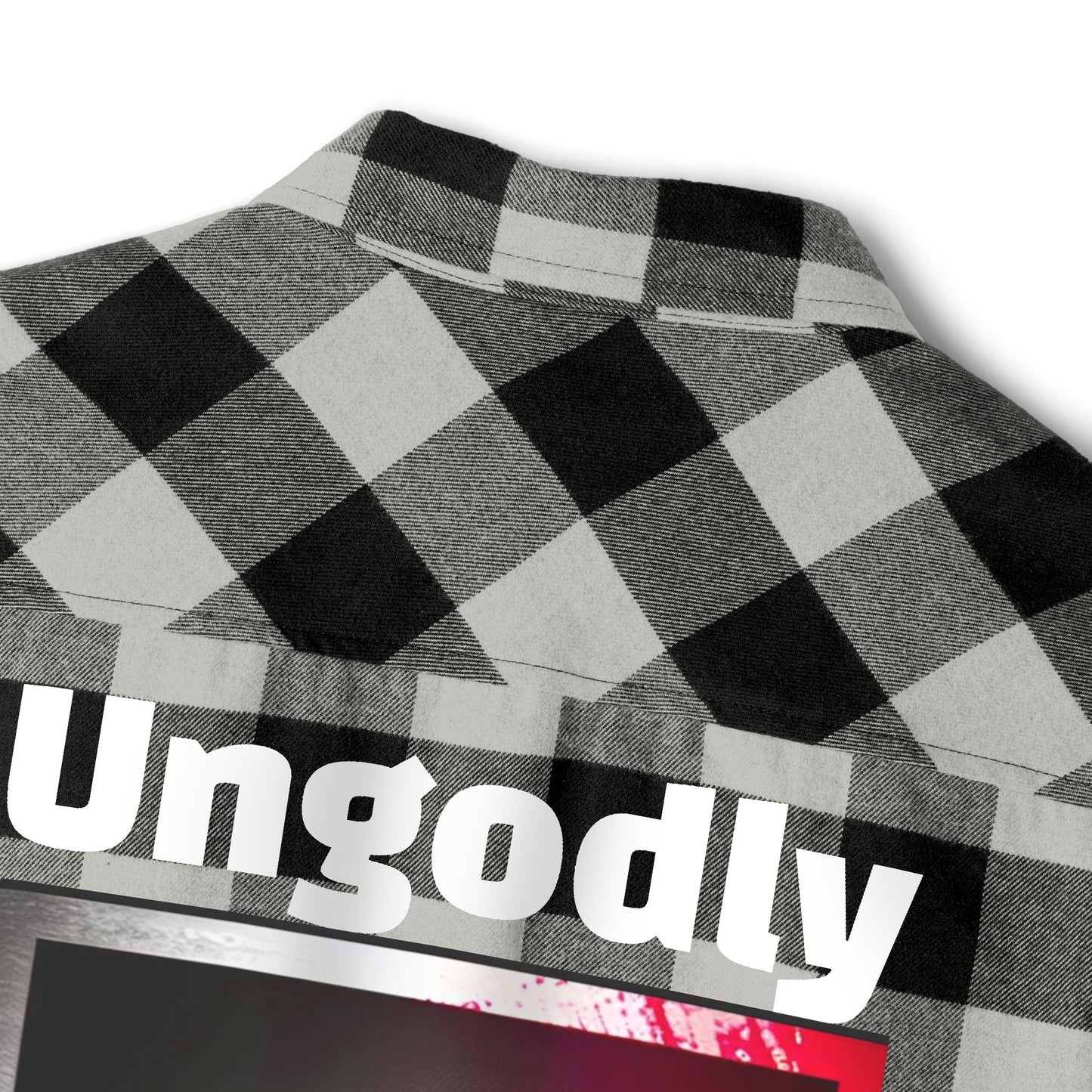 "Ungodly Apparel" Unisex Flannel Shirt, Cozy Layering Shirt, Casual Style, Outdoor Adventure Clothing, Graphic Design Shirt, Gift for Him/Her