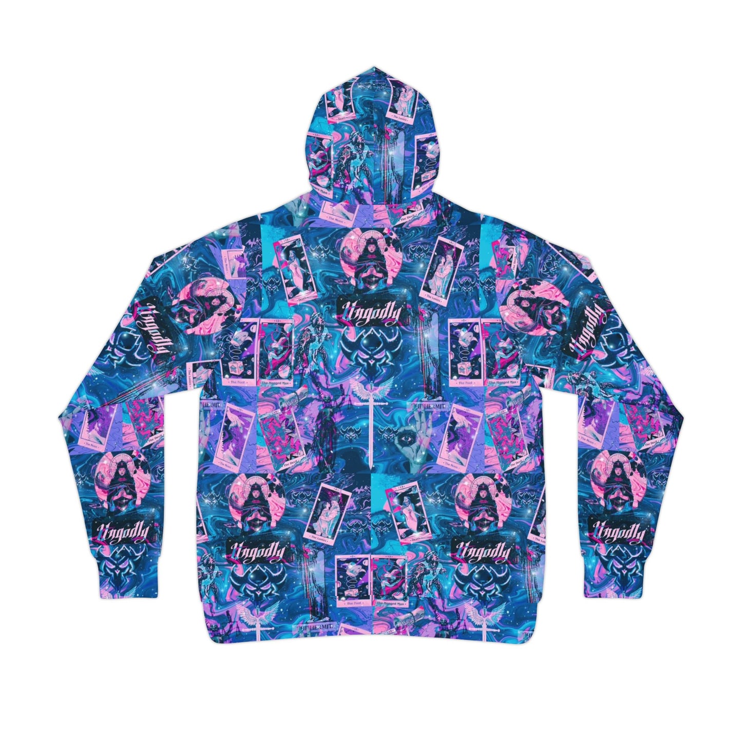 "Ungodly Tarot" All-Over Print Retro Collage Athletic Unisex Hoodie — Neon Purple & Teal Streetwear