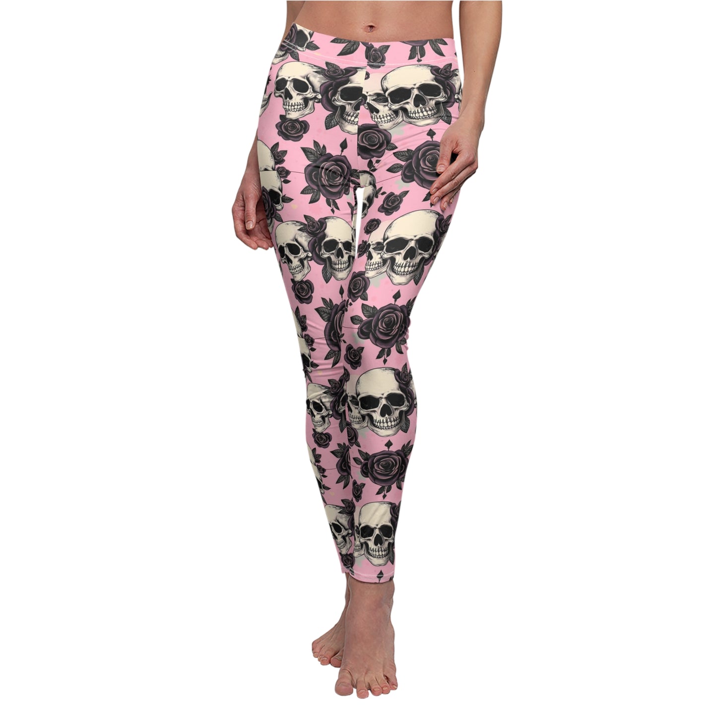 Pink Skull & Rose Leggings — Gothic Floral Women's Leggings