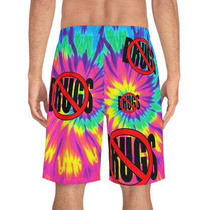 Vibrant Tie-Dye Board Shorts with 'No Drugs' Design, Summer Swimwear, Beachwear, Festival Shorts, Men's Casual Shorts, Colorful Swim Trunks