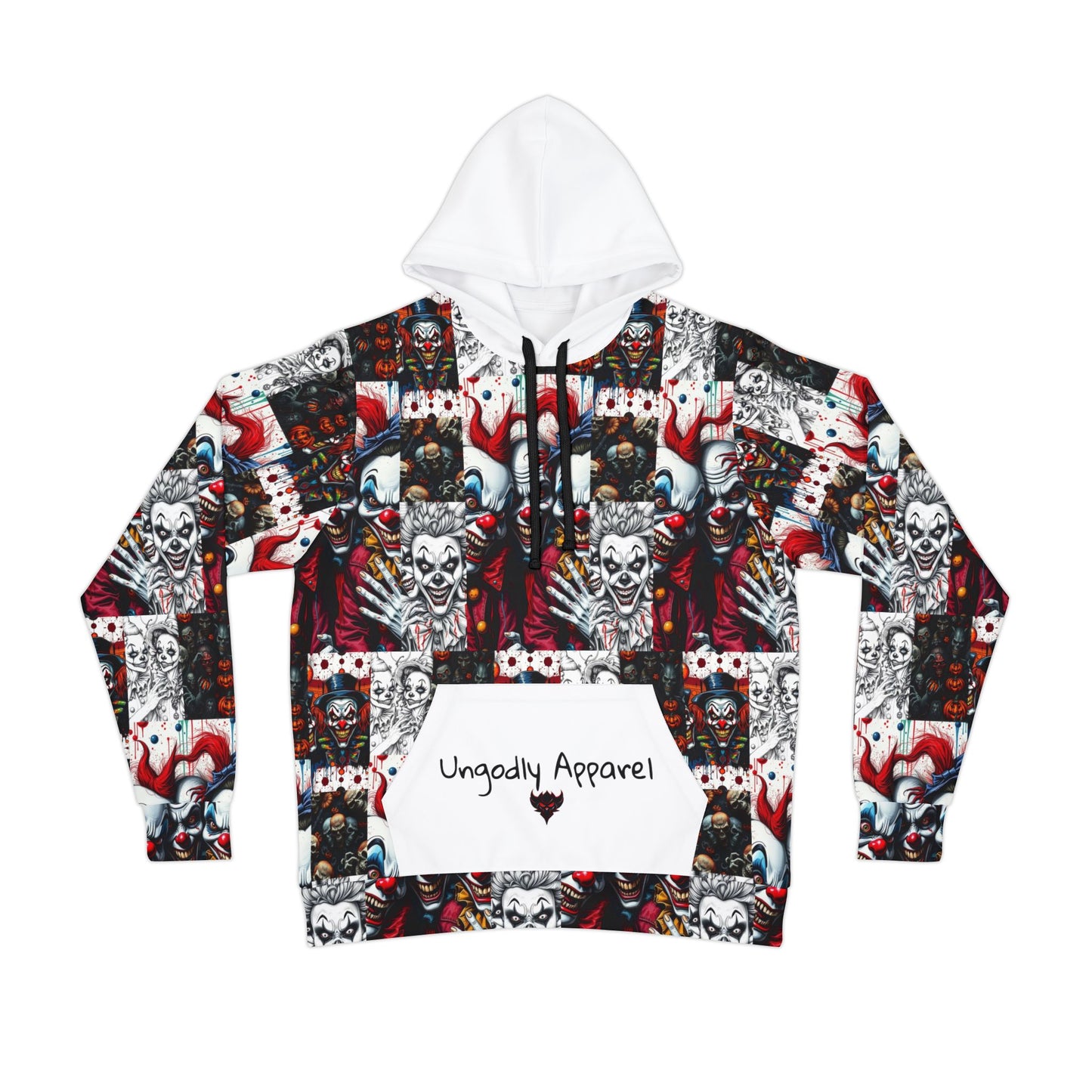 "Ungodly Wicked Clowns" Bold Artistic Athletic Hoodie, Unisex Streetwear, Unique Art Hoodie, Sporty Layering Piece, Festival & Casual Wear