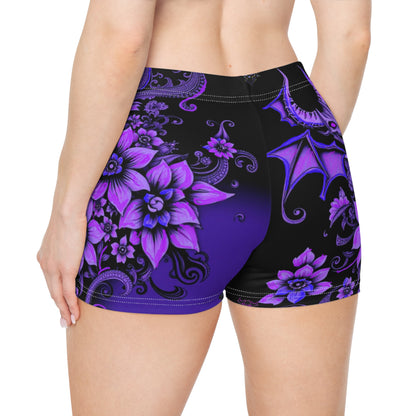 Gothic Floral Women's "Chill of Darkness" Shorts - Purple Bat Design