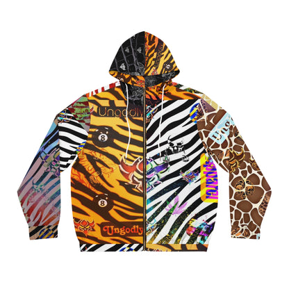 "Ungodly Zookeeper" Vibrant Animal Print Full-Zip Hoodie for Men