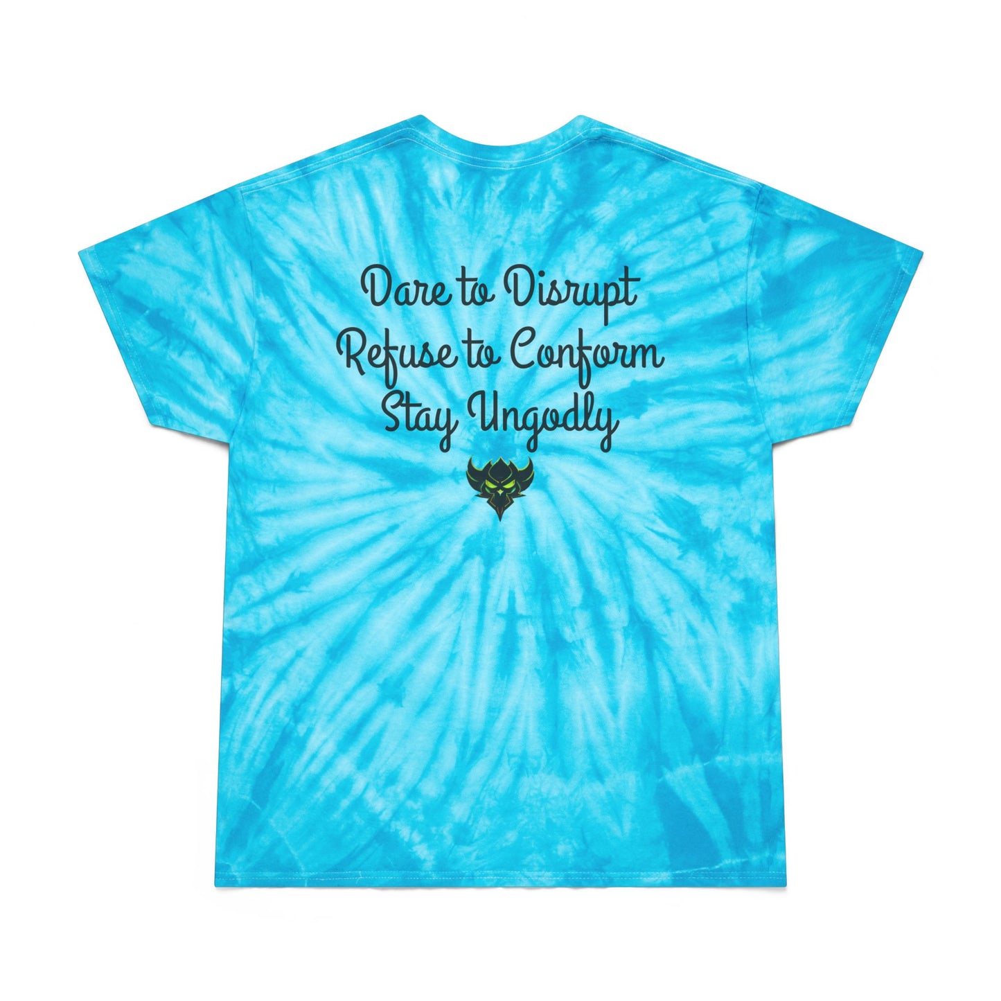 Tie-Dye Tee — Yellow Cyclone Spiral Tee with "Ungodly Apparel" Text