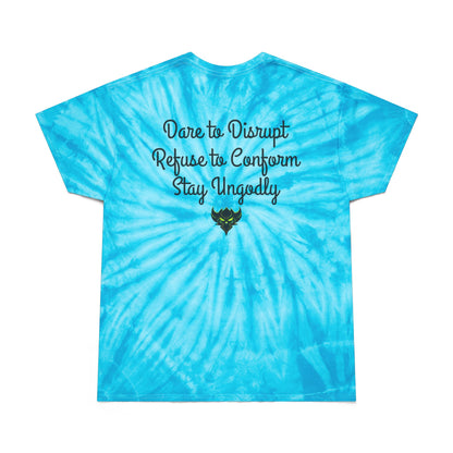 Tie-Dye Tee — Yellow Cyclone Spiral Tee with "Ungodly Apparel" Text