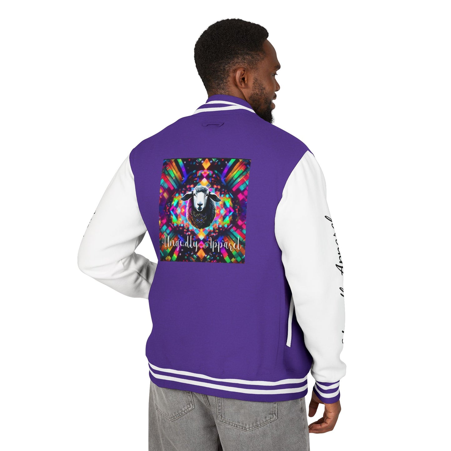 Letterman Jacket — Pink Kaleidoscope "Black Sheep of the Family"  Design with 'Ungodly Apparel' Sleeve Text