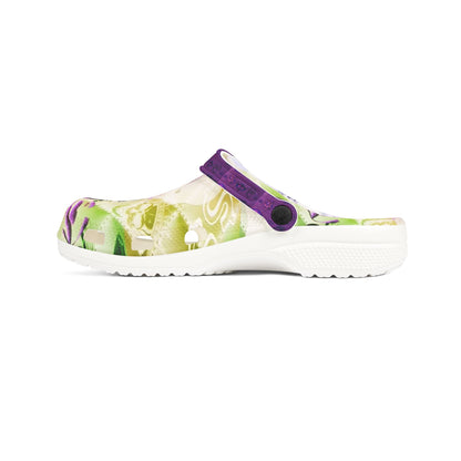 Printed EVA Foam Clogs — Colorful Purple Strap All‑Over Print Garden Vibe