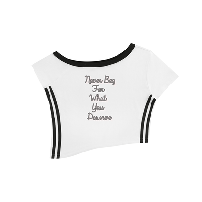 Women's Color Block Off-the-Shoulder T-Shirt "Never Beg for What You Deserve"