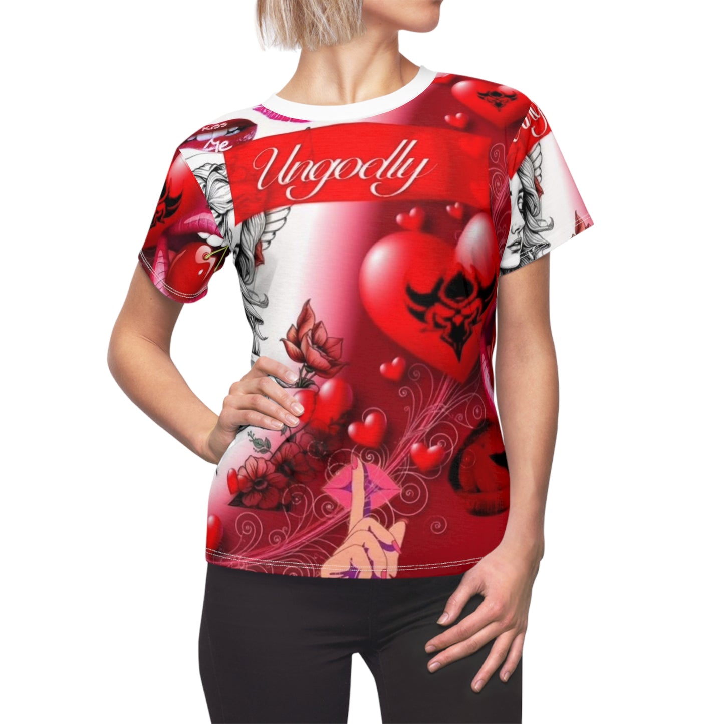 Women's Cut & Sew Tee — 'Ungodly' Red Heart Gothic All-Over Print