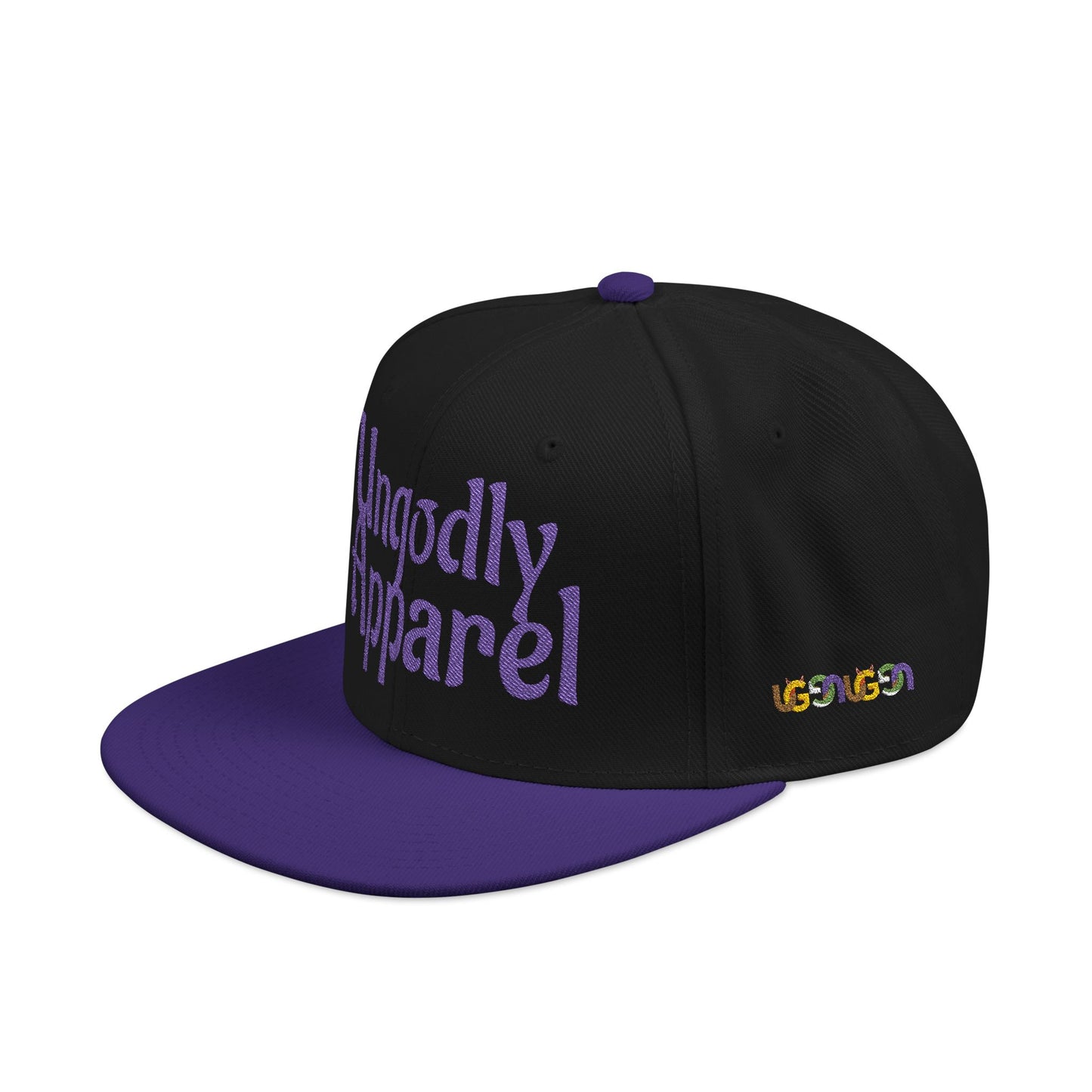 Embroidered Snapback Hat — 'Ungodly Apparel' Purple Script