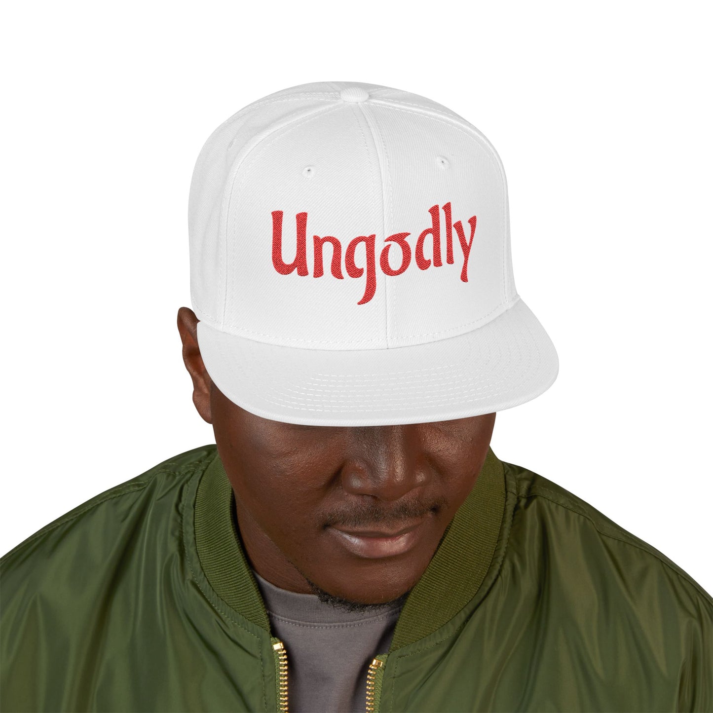 Snapback Hat — Red Embroidered 'Ungodly' Gothic Script
