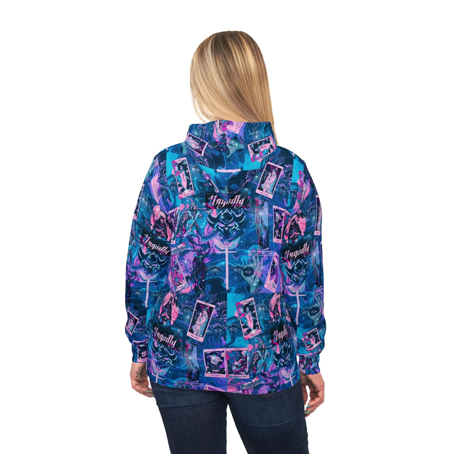 "Ungodly Tarot" All-Over Print Retro Collage Athletic Unisex Hoodie — Neon Purple & Teal Streetwear