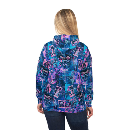 "Ungodly Tarot" All-Over Print Retro Collage Athletic Unisex Hoodie — Neon Purple & Teal Streetwear