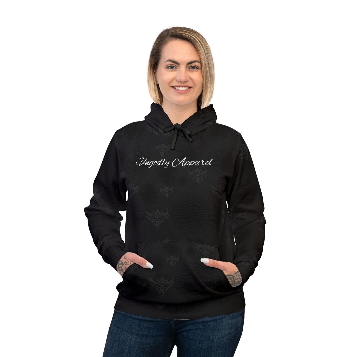 Black on Black Ungodly Logo Unisex Athletic Hoodie — Urban Noir All-Over Logo Hoodie