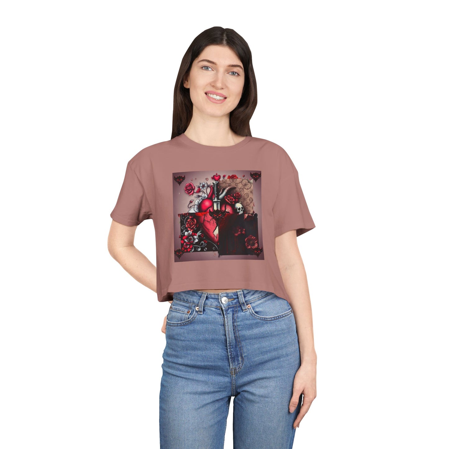 "Tangled Hearts" Bold Heart Floral Women's Crop Tee | Unique Graphic Tee for Casual Style