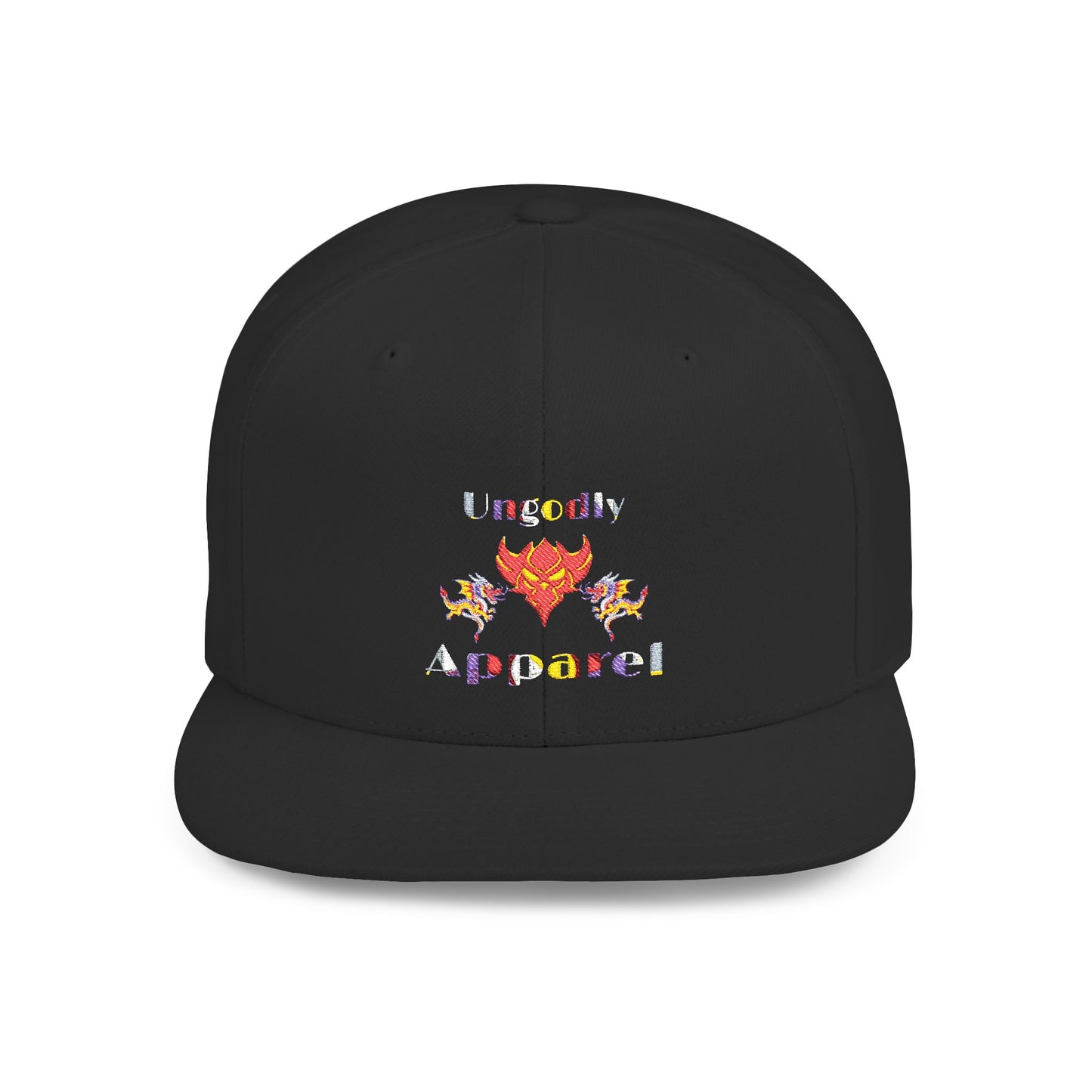 Flat Bill Snapback Hat — Colorful Flame Logo "Ungodly Apparel" Streetwear Cap